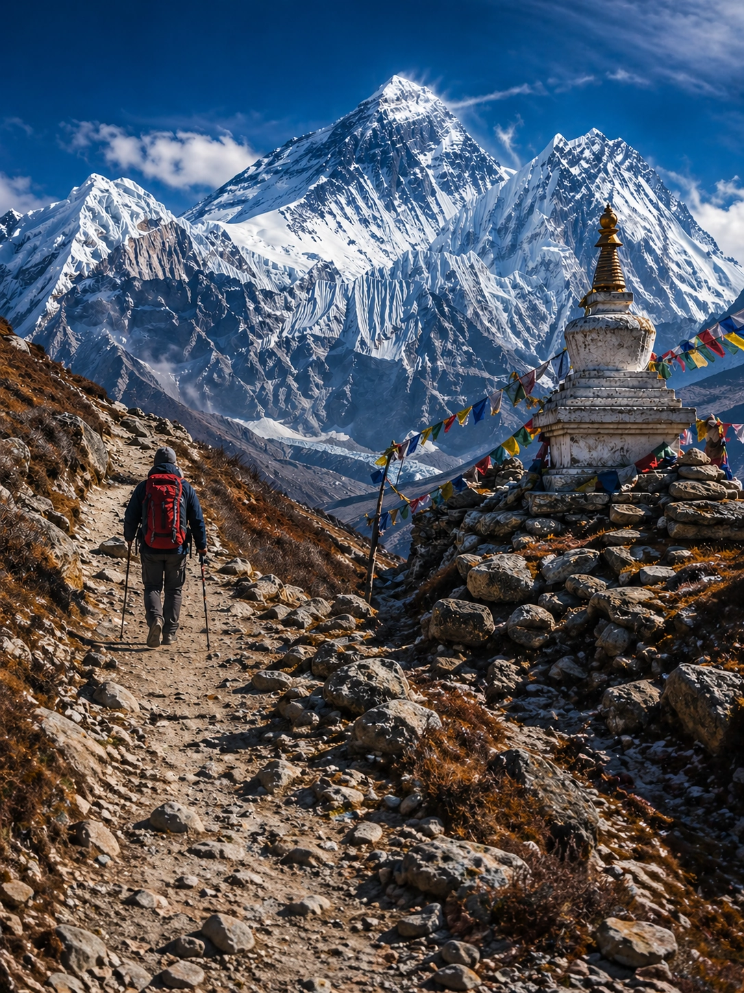 Trekkers at Everest Base Camp with Himalayan peaks in background
