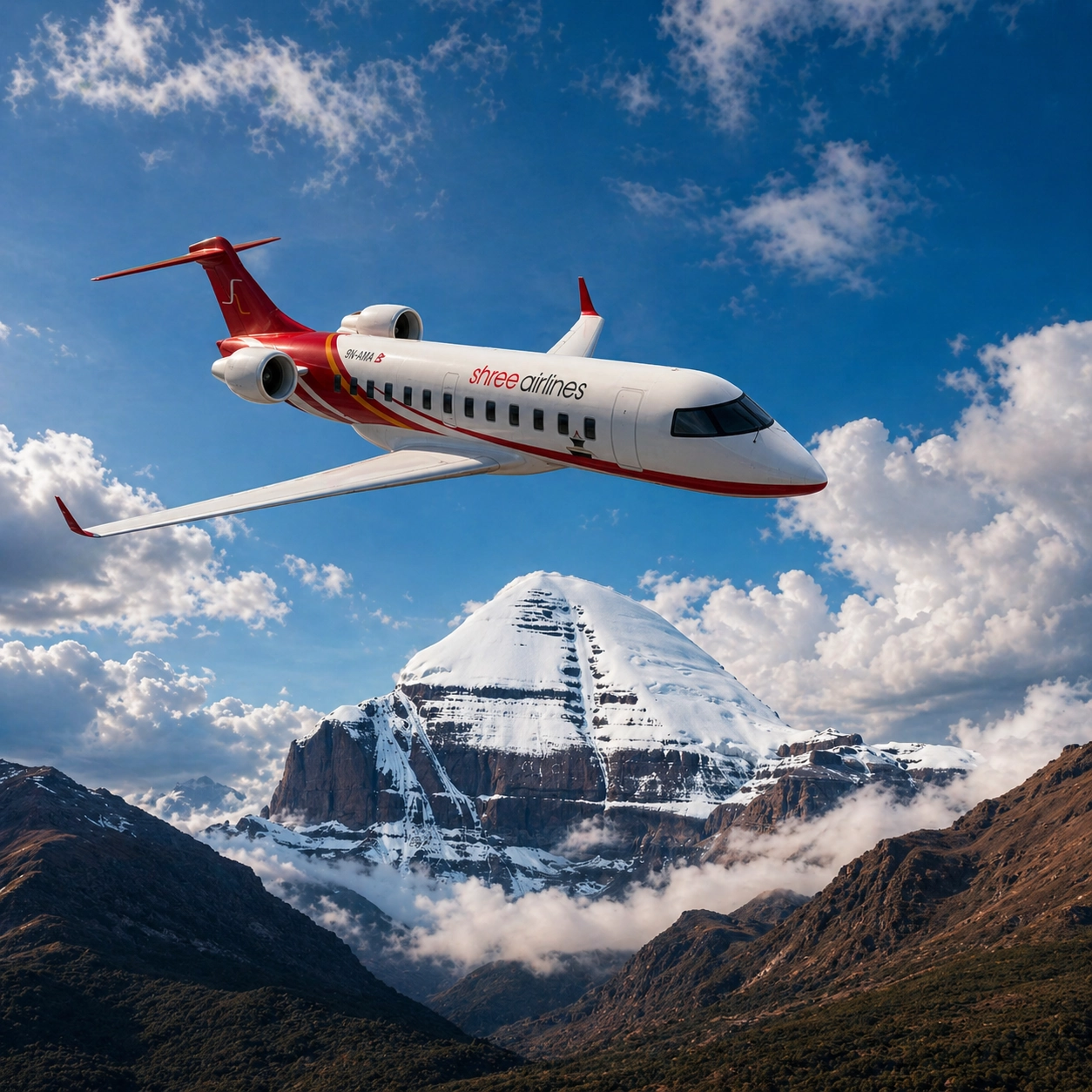 Aerial view of Mount Kailash and Mansarovar Lake from pilgrimage flight